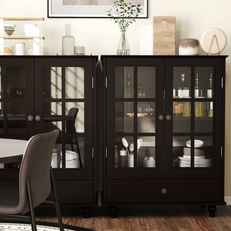 Accent Cabinet with Glass Doors and Drawers, Wooden Buffet and Sideboard Cupboard with Storage