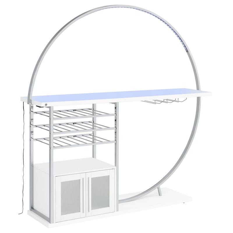 Riya Home Bar Table, LED Light, Cabinets, Wine Storage, White, Chrome Metal