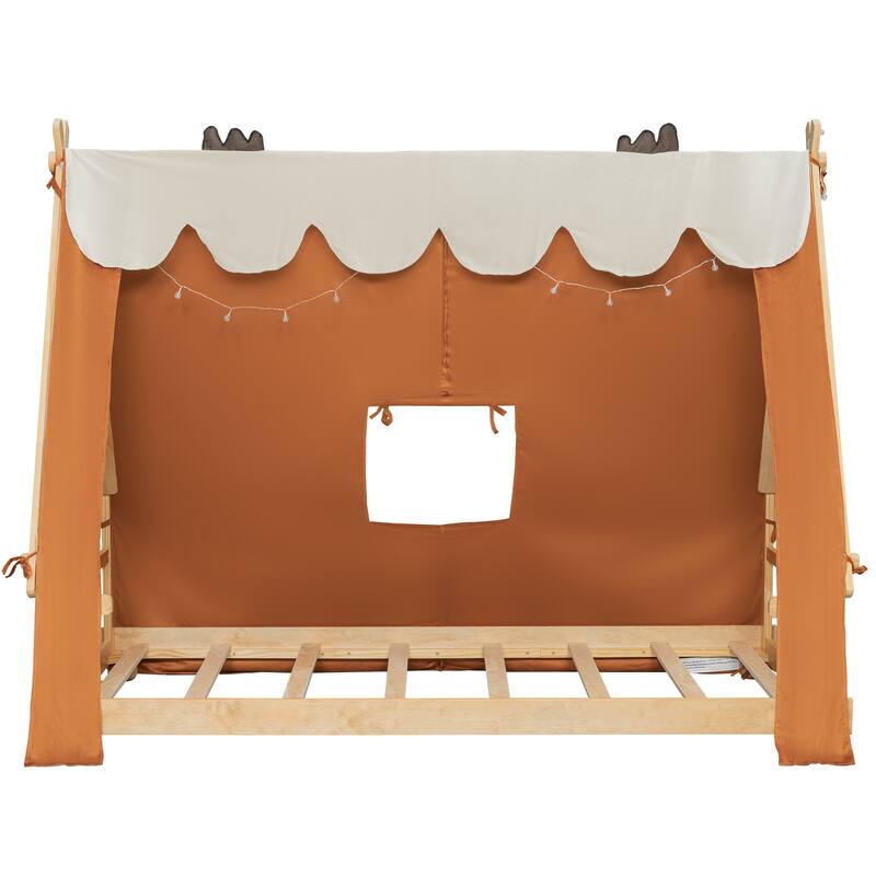 House Bed with Antler Accents Light Tent and Roof Wood Bed Frame
