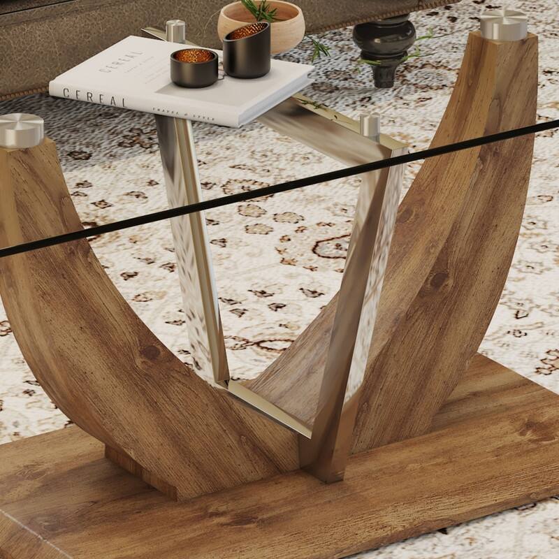 43.3" Length Transparent Tempered Glass Coffee Table with Wooden Legs
