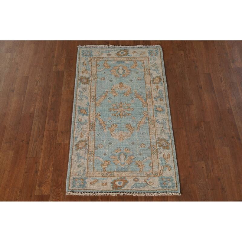 Light Blue Oushak Turkish Accent Rug Hand-Knotted Wool Carpet - 2'2"x 4'0"