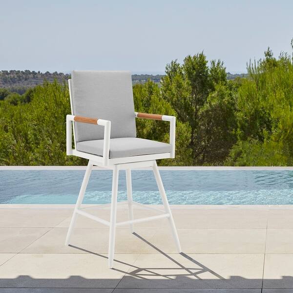 slide 2 of 11, Crown Outdoor Patio Swivel Bar Stool in Black Aluminum with Wood Accent and Dark Gray Cushions - 30" Bar Height Light Gray Set of 1