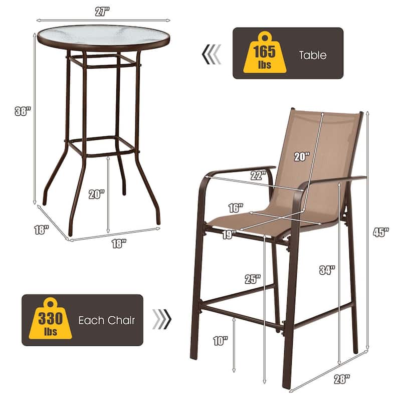 3 PCS Patio Bar Set Bistro Set Bar Height Patio Table and Stools Set