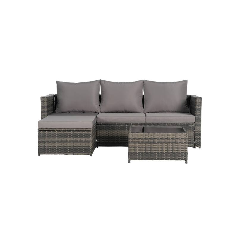 2-Pieces Outdoor Patio L-Shaped Sectional Sofa Set with Glass Coffee Table