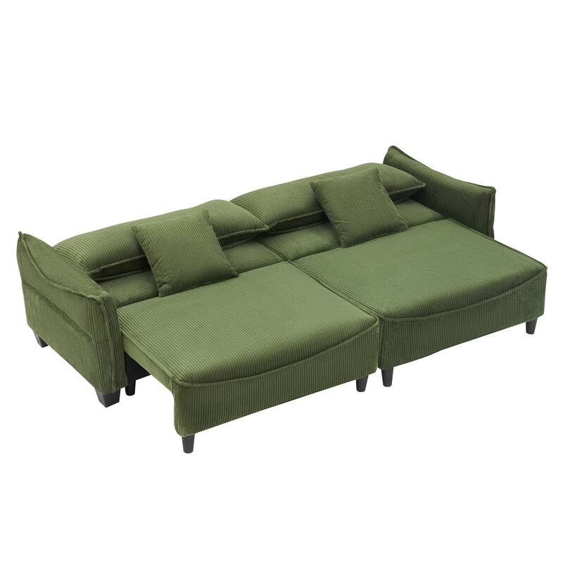 Sofa Showcasing Green Corduroy Fabric, Transformable into Sofa Bed with Two Throw Pillows