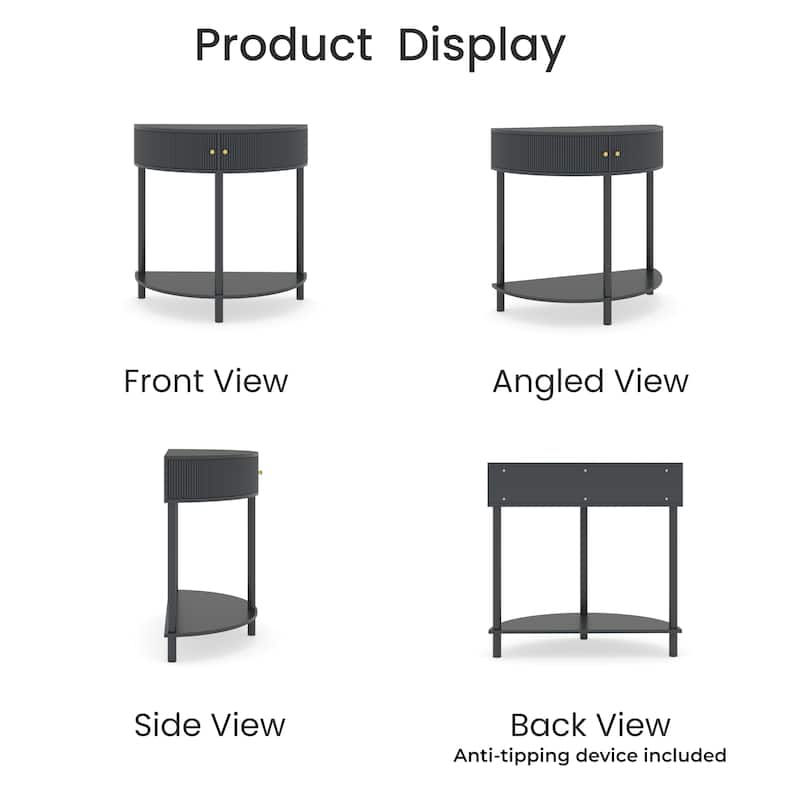 Homy Casa 31.5" Demi-Lune Console Table with 2 Drawers & Shelf, Wave-Pattern Front, Solid Wood Legs, Multiple Colors