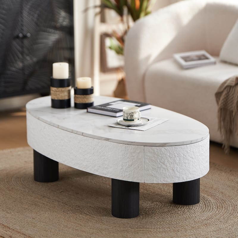 Oval Coffee Table with Faux Marble Tabletop, Mid Century Modern Coffee Table with Hidden Drawer and Storage Space