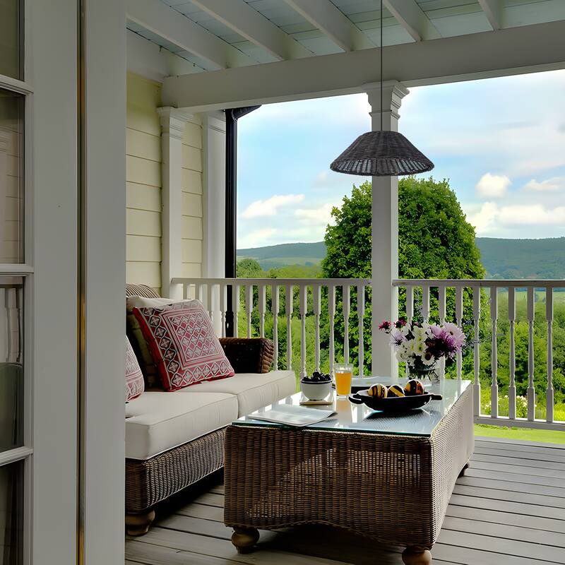 1-Light Black Rattan LED Chandelier Handwoven Straw Hat Pendant Light - 13.4"W x 5.2"H