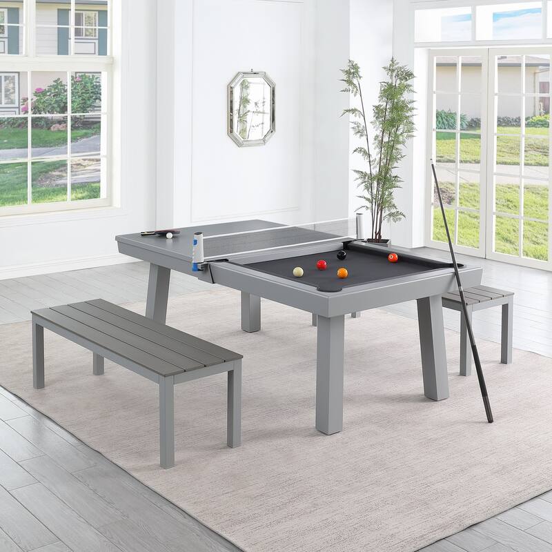 Laguna Indoor/Outdoor 7ft Slate Pool Table Dining Set with 2 Benches & Accessories, Cement Finish - Grey/Black