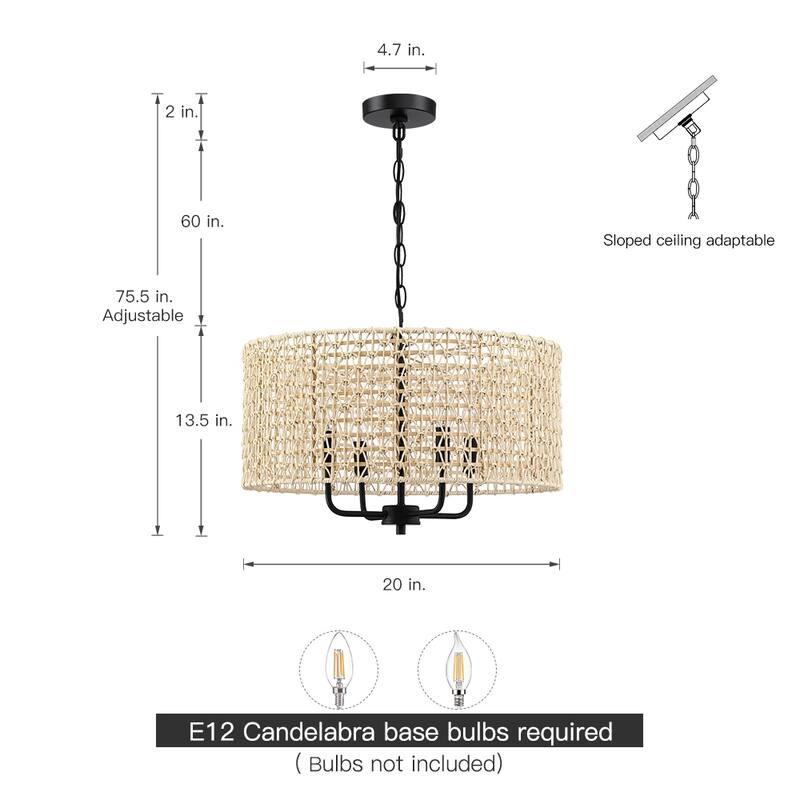 20 in. 4-Light Rattan Drum Chandelier Light with Black Canopy - 4-Light 20" W