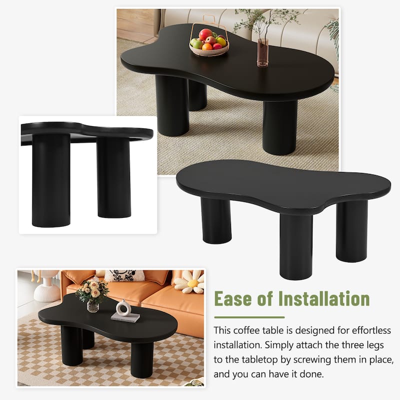 44" Modern Cloud Coffee Table with 1.5" Thick Tabletop, 3 Sturdy Legs and Round Edge