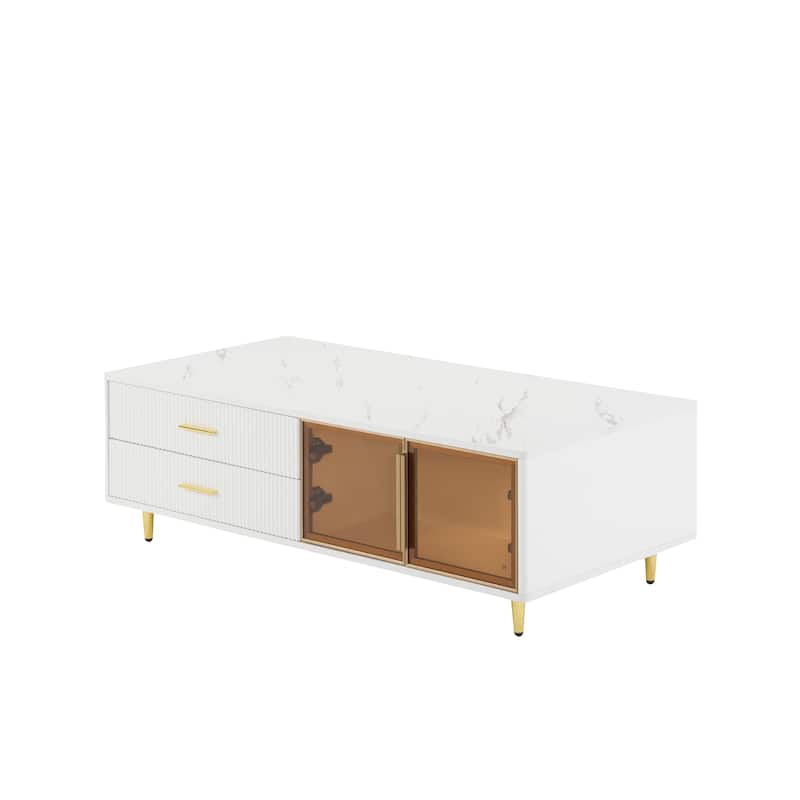 Modern 47.2" Coffee Table with 2 Glass Door Storage, 4 Drawers, Wooden Decorative Cocktail Table with Gold Metal Legs