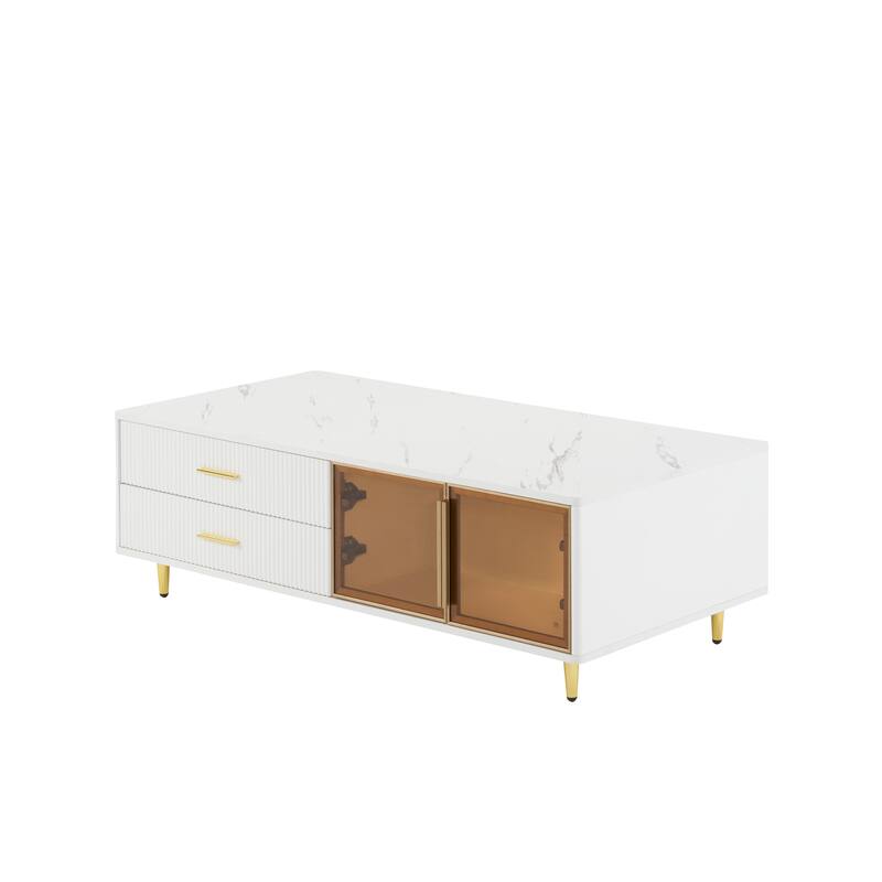 Modern White Coffee Table with 2 Glass Door Storage