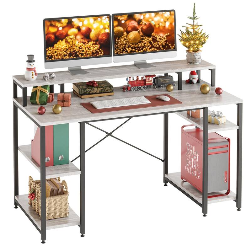 55 Inch Dual Monitor Computer Desk with Adjustable Shelves