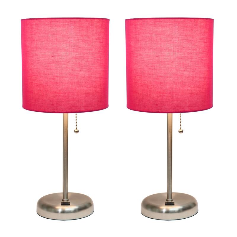 19.5 in. Brushed Steel Finish Table Lamp with Pink Shade, Durable Stick Lamp for End/Side Tables, Set of 2