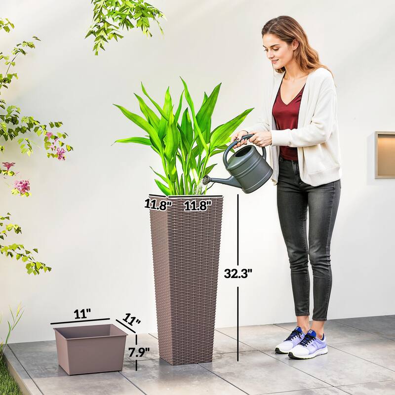 Outsunny 32 Inch Tall Planters for Outdoor Plants, Set of 2 Plastic Rattan-Like Flower Pots with Drainage Holes