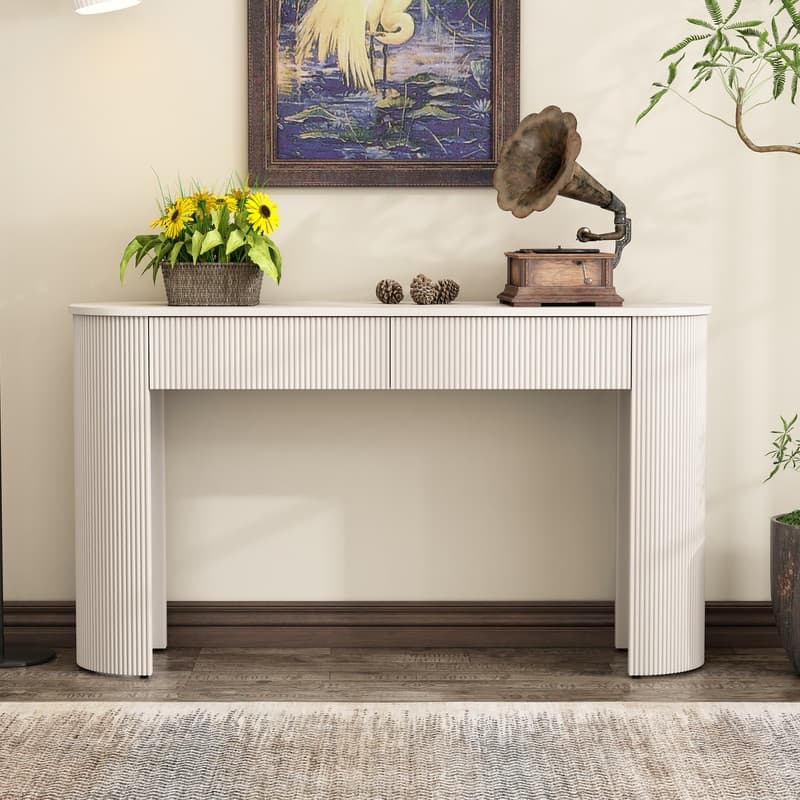 Entryway Table with Fluted Design, Modern Console Table with Storage, Oval Top and 2 Drawers - Champagne White