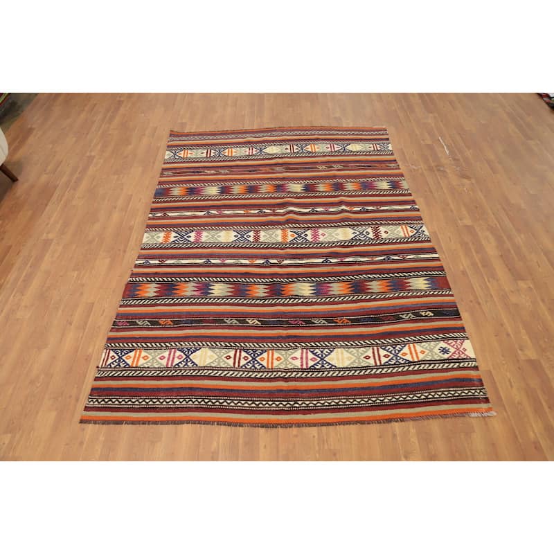 Hand Woven Oriental 100% Wool Carpet Southwestern Tribal Multi-Colored Kilim Area Rug - 8' 6'' X 5' 9''