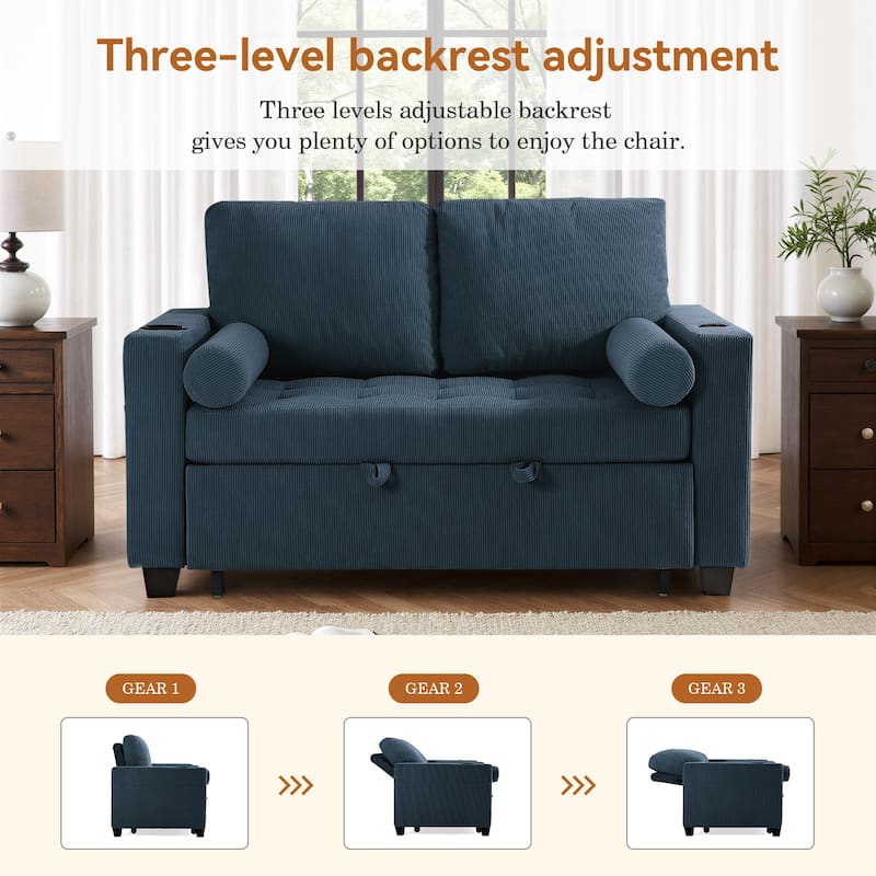 Corduroy Convertible Loveseat Sofa Bed Recliner with Cup Holder, USB Ports