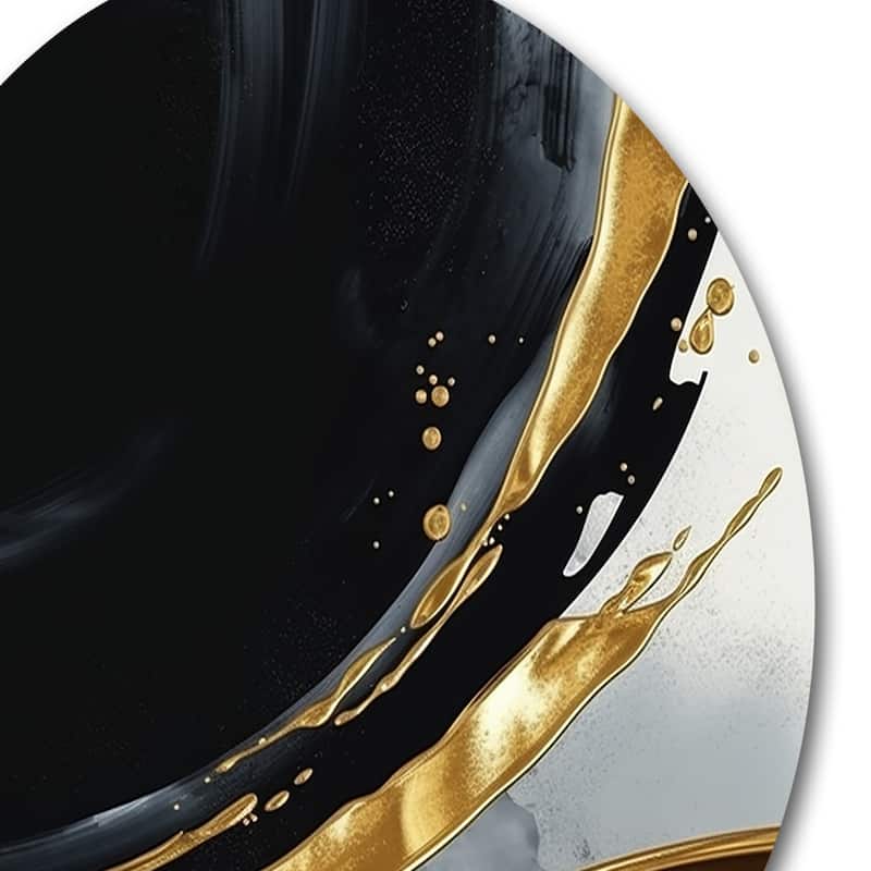 Designart "Black Gold Abstract Shapes Marble I" Abstract Marble Metal Round Wall Art