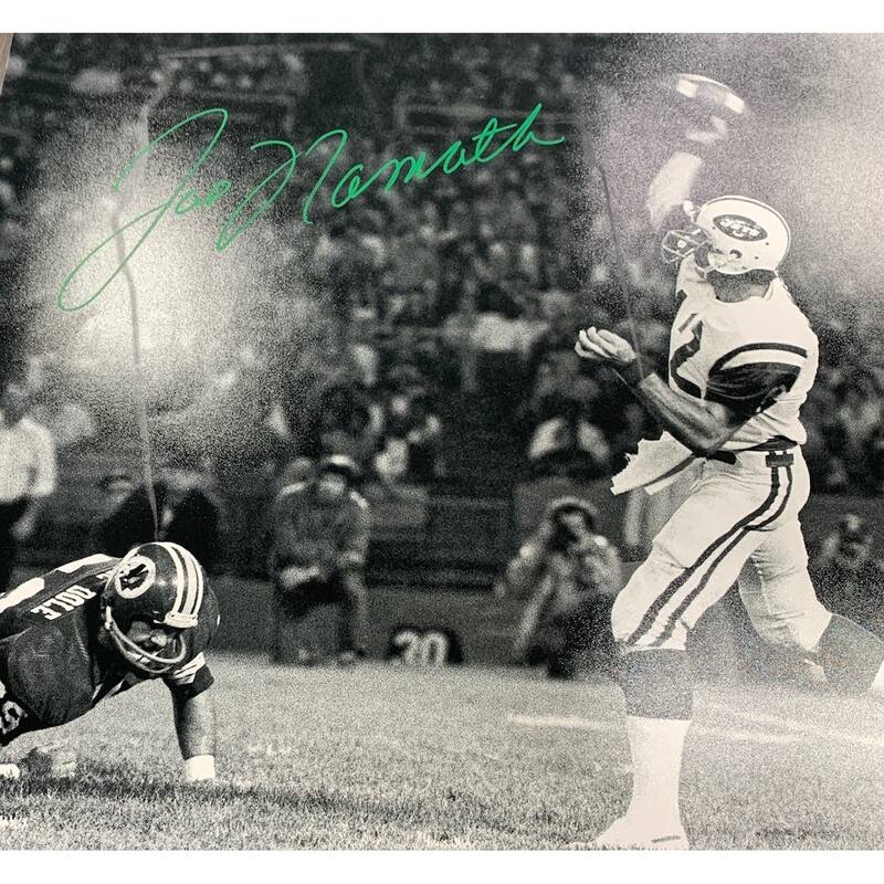 Joe Namath Autographed New York Jets Signed Football 16x20 Photo Beckett COA Damaged - 8'6" x 11'6"