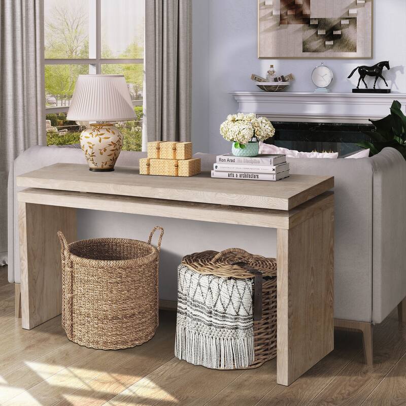 Retro Wooden Entryway Table with Double Board Suspension Design, Solid Wood & MDF, Sofa Table for Living Room