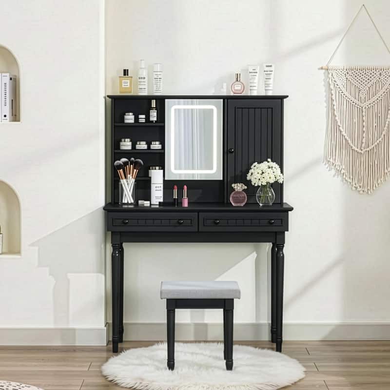 Vanity Desk with Adjustable Lighted Mirror & Upholstered Stool - Black