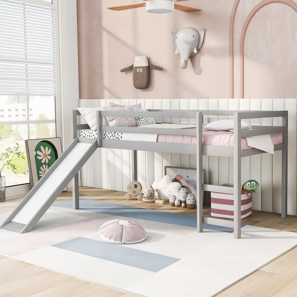 Gray Twin Size Solid Wood Loft Bed with Slide, Fence and Multifunctional Design for Bedroom