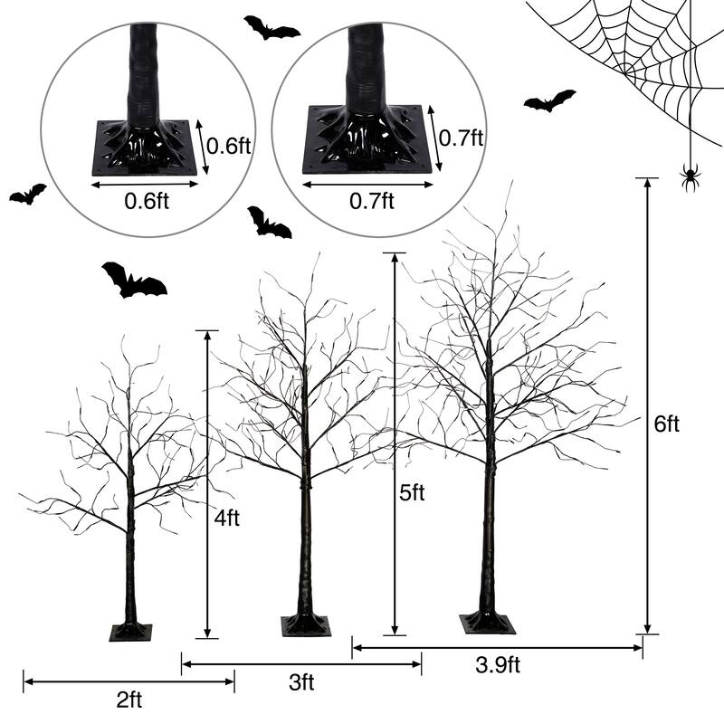 3-Pack Halloween Lighted Trees (4FT/5FT/6FT) - Spooky Black Trees with Purple Lights for Decor