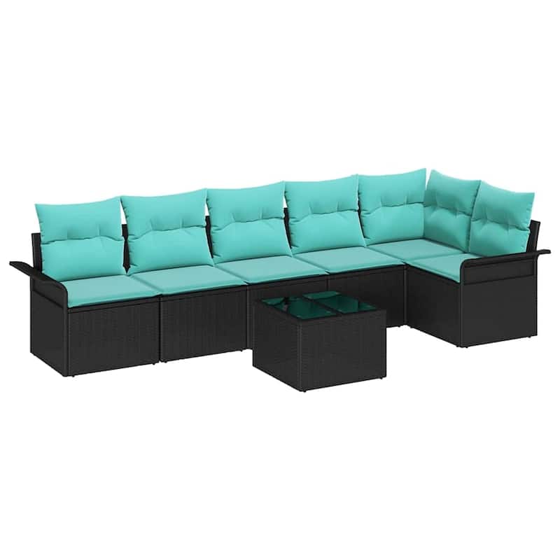 vidaXL 7 Garden Sofa Set with Cushions Black Poly Rattan - 117.1 x 52.2 x 27.2