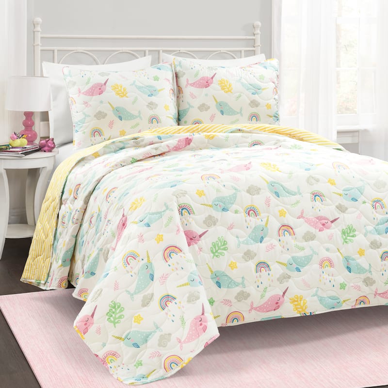 Lush Decor Magical Narwhal Reversible Oversized Quilt Set - White/Multi - Full - Queen