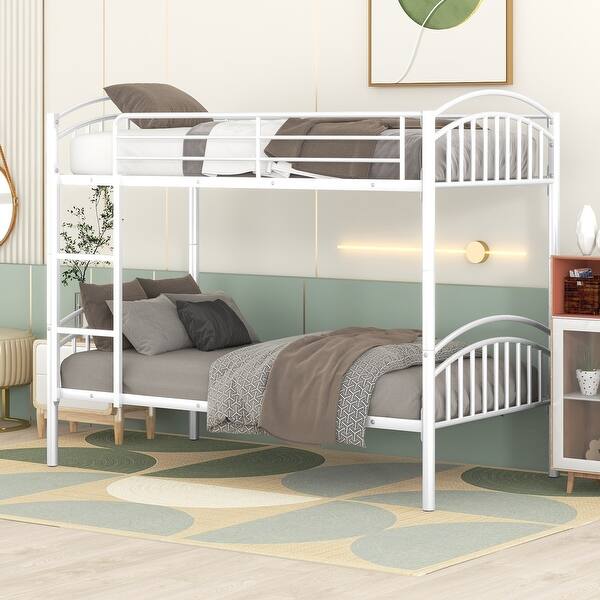 slide 2 of 20, Twin Over Twin Metal Bunk Beds, Convertible Bunk Bed Divided into Two Beds for Kids Boys Girls Teens White - Twin