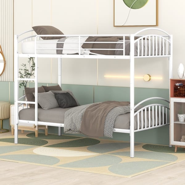slide 2 of 16, Twin Over Twin Steel Bunk Bed with Divisible Feature and Safety Guardrails White
