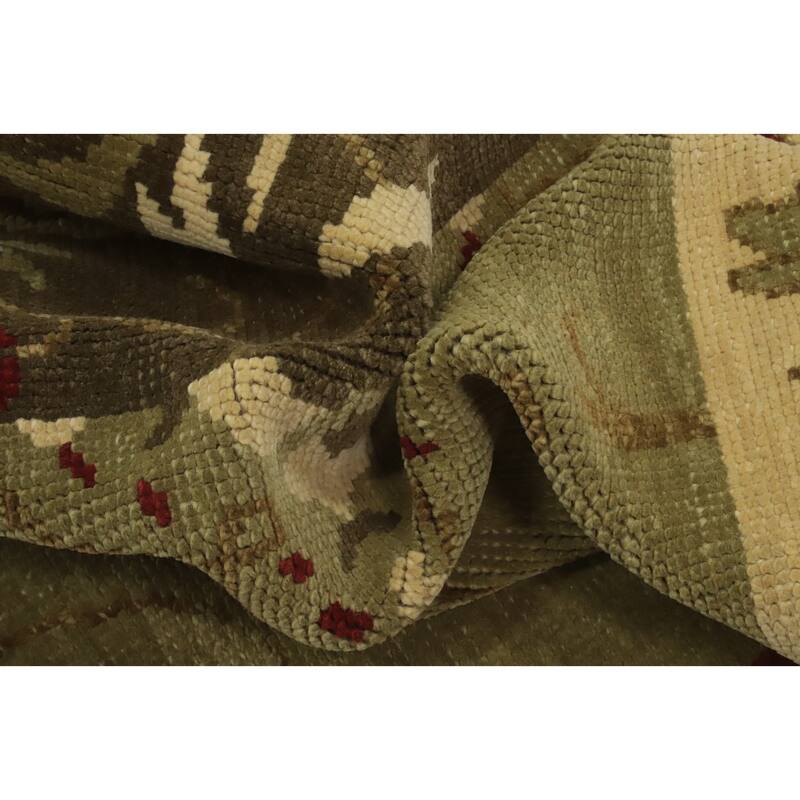 Green Wool Floral Indian Area Rug 7x10 - 9' 11'' X 6' 6''