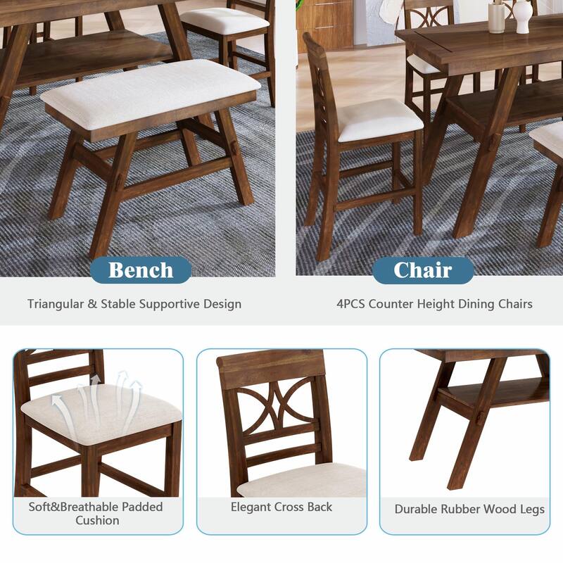 6-Piece Wood Counter Height Dining Table Set with Storage Shelf, Kitchen Table Set with Bench and 4 Chairs
