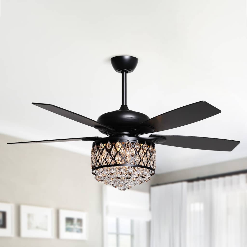 52" Modern Matte Black 5-Blade Crystal Ceiling Fan with Remote