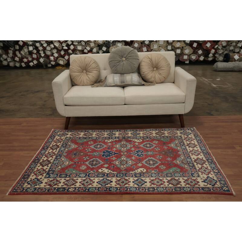 Hand Knotted Oriental 100% Wool Carpet Traditional Geometric Red Kazak Area Rug - 5' 9'' X 3' 10''