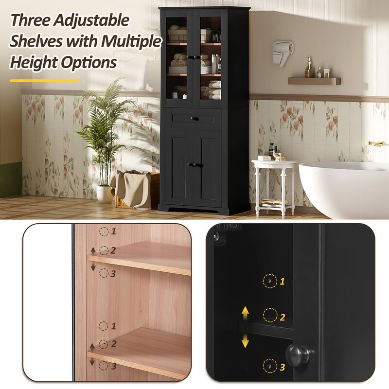 67.2" Tall Bathroom Storage Cabinet With Tempered Glass Doors, Adjustable Shelves & Drawer,Soft-Close Design