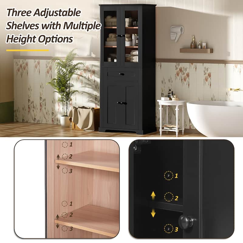 GDFStudio - Mary 63" Tall Bathroom Storage Cabinet with Glass Doors, Two Drawers, and Adjustable Shelves