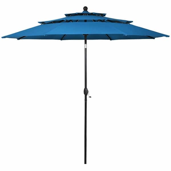 double vented patio umbrellas 13ft 2 Tier Double-Sided Umbrella with Base, Without Lights / Beige offering stable support 10 Feet 3 Tier Outdoor