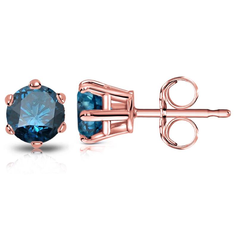 Auriya 1 1/2ctw Round Blue Diamond Stud Earrings 14k Gold 6-Prong (SI2-SI3) - Rose