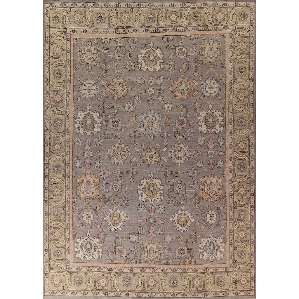 Vegetable Dye Oushak Turkish Large Rug Hand-Knotted Grey Wool Carpet - 10'5"x 13'8"