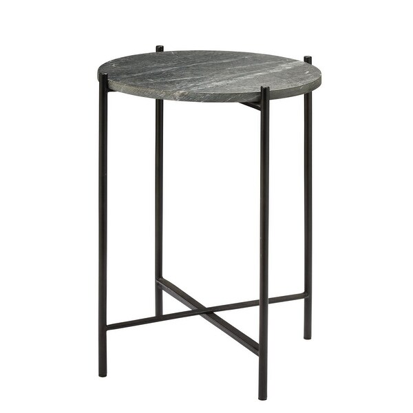 22 Inch Modern Side End Table, Round Marble Top, Textured Gray Finish