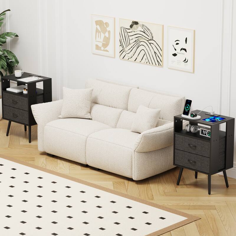 2 Pack Modern LED Nightstand with Charging Station and Fabric Drawers