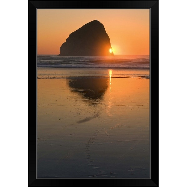 "USA, Oregon, beach with stack rock" Black Framed Print