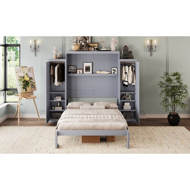 Queen Size Murphy Bed, Wooden Queen Wall Bed with 2 Wardrobe and Storage Shelf, Multifunctional Foldable Platform Bedframe