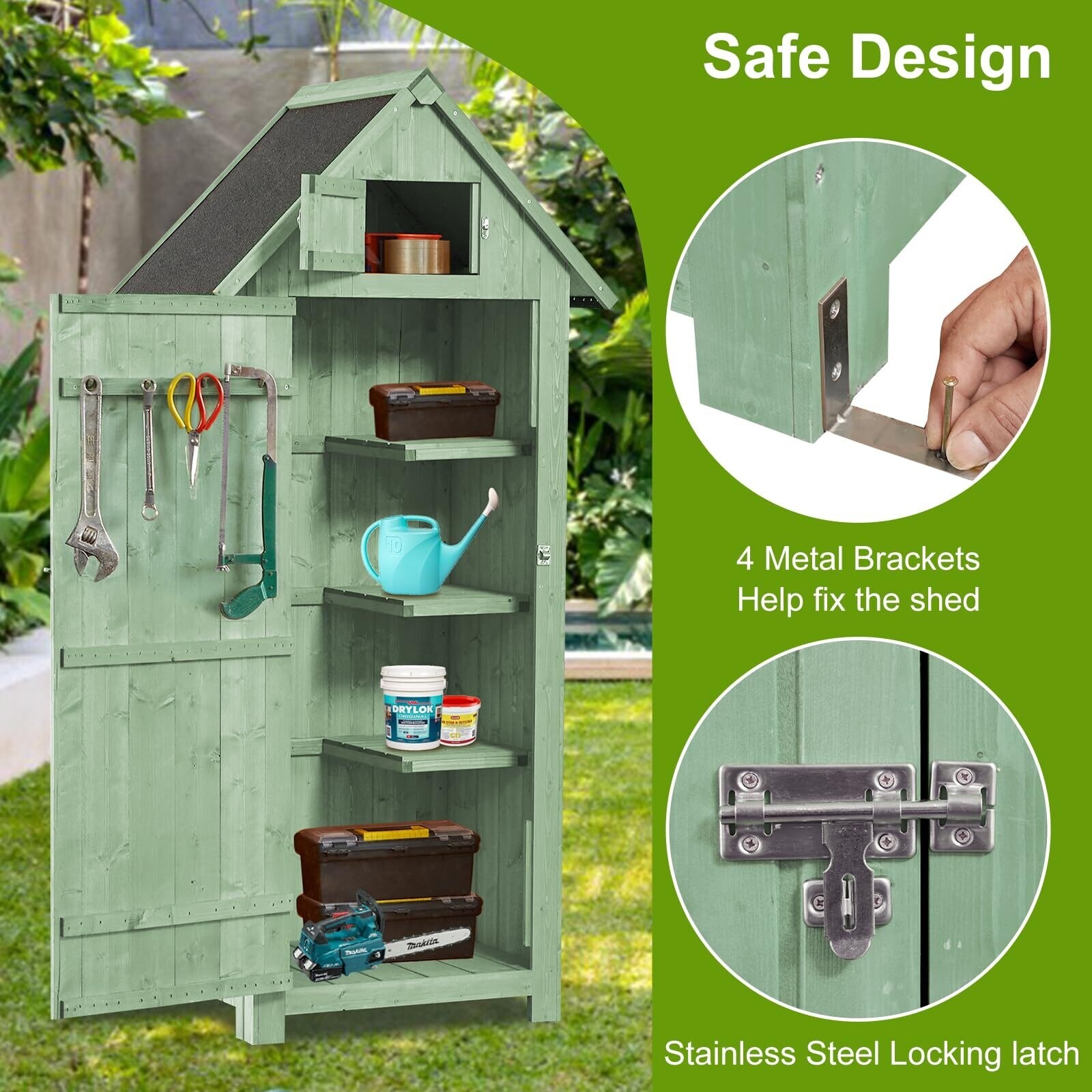 Outdoor Wooden Storage Shed, Garden Wood Tool Cabinet, Solid