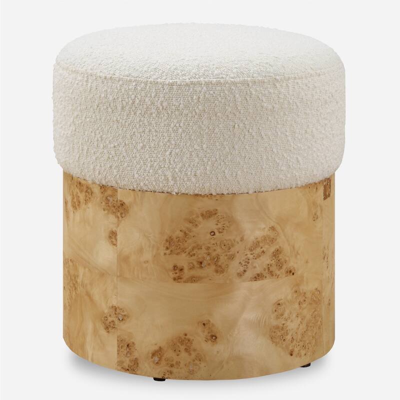 Boucle Upholstered Ottoman with Burl Veneer Wrap - 17" - White and Brown