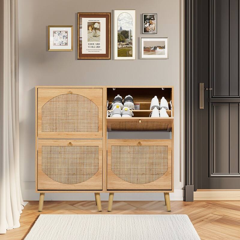 Rattan Shoe Cabinet with 2 / 4 Flip Drawers, Narrow Shoe Storage Cabinet,Organizer for Entryway, Bedroom, Living Room