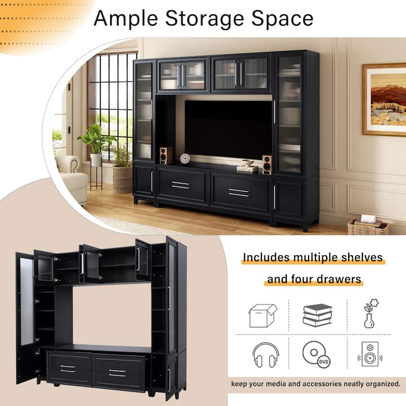 102" Modern Wall Entertainment Center with Fluted Glass Doors, Large TV Stand Media Console for TVs up to 75"